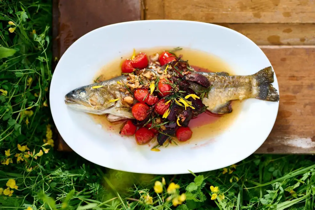 Frisch gebratener Fisch mit Gemüse auf Keramikteller – Hauptspeise mit Fisch aus Kärntner Gewässern.